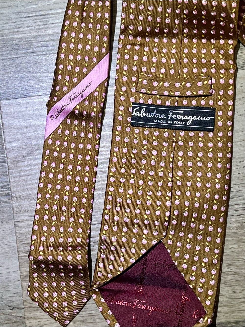 Salvatore Ferragamo Silk Tie Brown Pink Cherry Print Made in Italy Luxury